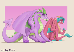 Size: 4960x3508 | Tagged: safe, artist:pwnagespartan, blaize skysong, spike, dragon, g5, absurd resolution, adult, adult spike, dragon lord spike, dragoness, duo, duo male and female, female, male, older, older spike, passepartout, spike (g5), winged spike, wings