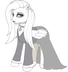 Size: 1061x1124 | Tagged: safe, artist:sleepypiggies, fluttershy, pegasus, pony, g4, alternate hairstyle, clothes, dress, ear piercing, female, fluttergoth, folded wings, jewelry, looking at you, makeup, mare, necklace, partial color, piercing, simple background, solo, white background, wings