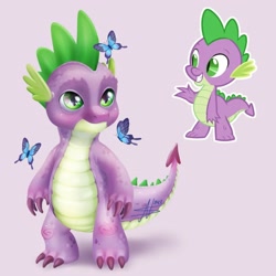 Size: 2160x2160 | Tagged: safe, artist:ni94tmar3, screencap, spike, butterfly, dragon, g4, claws, cute, green eyes, male, outline, pink background, redesign, simple background, solo, spikabetes, white outline