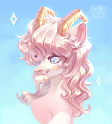 Size: 1800x2000 | Tagged: safe, artist:ryusya, oc, oc only, pony, blue background, candy, curly hair, curly mane, ear fluff, food, gradient background, horns, marshmallow, solo, sweets