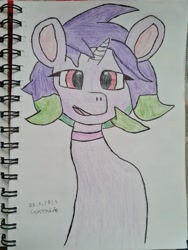 Size: 3024x4032 | Tagged: safe, artist:crystaline, color edit, derpibooru exclusive, edit, oc, oc only, oc:starlight (crystaline), pony, unicorn, bust, colored, female, looking at you, photo, portrait, simple background, sketch, solo, traditional art, two toned mane, white background