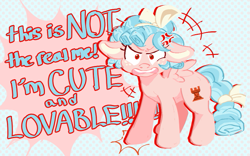 Size: 775x484 | Tagged: safe, artist:puroperopony, cozy glow, pegasus, pony, frenemies (episode), g4, angry, blatant lies, cross-popping veins, emanata, female, filly, foal, looking at you, open mouth, patterned background, quote, solo, text