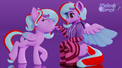 Size: 3840x2160 | Tagged: safe, artist:melodismol, oc, oc only, oc:star beats, pegasus, pony, anthro, 3d, :p, anthro with ponies, arm warmers, blender, blender cycles, boop, clothes, crouching, eyes closed, folded wings, gradient background, hairclip, hoodie, raised hoof, reflection, self paradox, self ponidox, smiling, socks, spread wings, squatting, striped socks, tongue out, wings