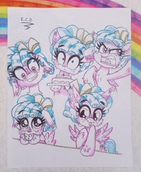 Size: 2380x2900 | Tagged: safe, artist:estrellasombria, cozy glow, pegasus, pony, g4, angry, cake, cookie, female, filly, foal, food, grin, looking at you, mouth hold, smiling, solo, tongue out, traditional art