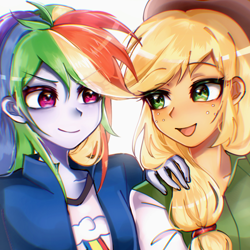 Size: 1280x1280 | Tagged: safe, artist:pulse, applejack, rainbow dash, human, equestria girls, g4, arms, button-up shirt, clothes, collar, cowboy hat, duo, female, fingers, freckles, hand, hand on shoulder, hat, lesbian, long hair, looking at each other, looking at someone, open mouth, open smile, ponytail, ship:appledash, shipping, shirt, smiling, smiling at each other, t-shirt, teenager