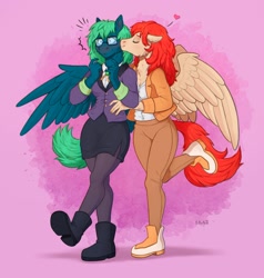 Size: 1946x2048 | Tagged: safe, alternate version, artist:birdoffnorth, oc, oc only, oc:emerald, oc:firefly, pegasus, anthro, plantigrade anthro, breasts, cheek fluff, cheek kiss, cleavage, clothes, commission, duo, duo female, emanata, eyes closed, female, floppy ears, flustered, glasses, kissing, lesbian, neck fluff, oc x oc, pink background, shipping, simple background, skirt
