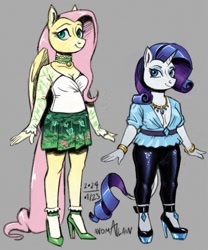 Size: 800x960 | Tagged: safe, artist:anomalain, fluttershy, rarity, pegasus, unicorn, anthro, plantigrade anthro, g4, ankle socks, bracelet, breasts, choker, cleavage, clothes, duo, duo female, female, frilly socks, height difference, high heels, jewelry, leonine tail, mare, necklace, shoes, signature, skirt, smiling, socks, tail, tallershy