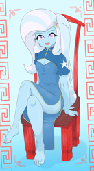 Size: 2745x5014 | Tagged: safe, artist:batipin, trixie, human, equestria girls, g4, boob window, breasts, chair, cheongsam, chinese dress, cleavage, clothes, crossed legs, dress, feet, female, gradient background, multiple variants, schrödinger's pantsu, side slit, solo, total sideslit