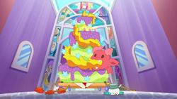 Size: 1280x720 | Tagged: safe, screencap, kenneth, mcsnips-a-lot, bird, crab, seagull, cake dragon, g5, my little pony: tell your tale, spoiler:g5, spoiler:my little pony: tell your tale, spoiler:tyts02e03, birthday cake, cake, food, rope, ropes, stained glass, window