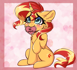 Size: 3500x3206 | Tagged: safe, artist:in4ri_, sunset shimmer, pony, unicorn, g4, blushing, commissioner:sojournsunrise, cute, female, heart, holiday, looking up, mare, mouth hold, raised hoof, shimmerbetes, sitting, smiling, solo, valentine, valentine's day