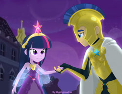 Size: 750x579 | Tagged: safe, artist:nightglowfan, flash sentry, twilight sparkle, human, equestria girls, g4, armor, clothes, crown, dress, duo, female, jewelry, looking at each other, looking at someone, male, regalia, royal guard, ship:flashlight, shipping, smiling, smiling at each other, straight