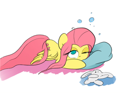 Size: 4000x3000 | Tagged: safe, artist:widelake, fluttershy, pony, g4, female, halo, one eye closed, pillow, simple background, sleepy, solo, teary eyes, white background