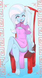 Size: 2745x5014 | Tagged: safe, alternate version, artist:batipin, trixie, human, equestria girls, g4, boob window, breasts, chair, cheongsam, chinese dress, cleavage, clothes, crossed legs, dress, feet, female, gradient background, multiple variants, schrödinger's pantsu, side slit, solo, total sideslit