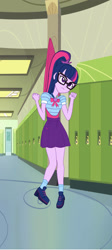 Size: 750x1667 | Tagged: safe, artist:why1wh, sci-twi, twilight sparkle, human, equestria girls, g4, canterlot high, clothes, female, fetish, hanging, hanging wedgie, lockers, panties, request, solo, underwear, wedgie, wedgie fetish