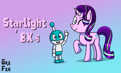 Size: 2155x1305 | Tagged: safe, artist:gradiusfanatic, starlight glimmer, oc, oc:bx-8, robot, unicorn, g4, female, gradient background, male, robot oc