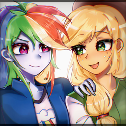 Size: 1280x1280 | Tagged: safe, alternate version, artist:pulse, applejack, rainbow dash, human, equestria girls, g4, button-up shirt, clothes, collar, cowboy hat, female, fingers, freckles, hand, hand on shoulder, hat, lesbian, long hair, looking at each other, looking at someone, open mouth, open smile, ponytail, ship:appledash, shipping, shirt, smiling, smiling at each other, t-shirt, teenager
