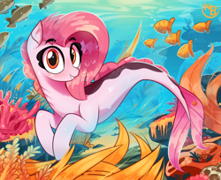 Size: 3991x3258 | Tagged: safe, artist:nevobaster, oc, oc only, oc:koraru koi, fish, seapony (g4), bubble, coral, crepuscular rays, cute, digital art, dorsal fin, female, fin, fish tail, flowing mane, flowing tail, gills, happy, high res, looking at you, ocean, scales, seapony oc, seaweed, smiling, smiling at you, solo, sunlight, swimming, tail, teeth, underwater, water