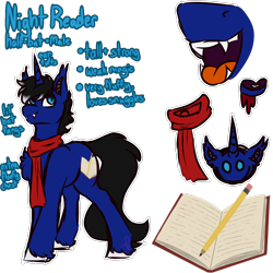 Size: 1280x1280 | Tagged: safe, artist:fluffyghost, oc, oc only, oc:night reader, bat pony, unicorn, book, clothes, cute, cute little fangs, fangs, male, reference sheet, scarf, simple background, solo, tongue out, transparent background