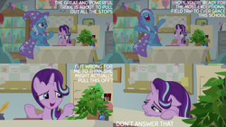 Size: 2000x1125 | Tagged: safe, edit, edited screencap, editor:quoterific, screencap, phyllis, starlight glimmer, trixie, pony, a horse shoe-in, g4, inkwell, quill, starlight's office