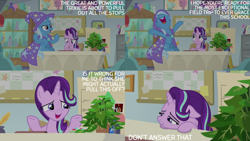 Size: 2000x1125 | Tagged: safe, edit, edited screencap, editor:quoterific, screencap, phyllis, starlight glimmer, trixie, pony, unicorn, a horse shoe-in, g4, cape, clothes, horn, inkwell, quill, starlight's office