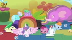 Size: 720x398 | Tagged: safe, screencap, cranberry pit, cream puff, ginger tea, grape stem, princess flurry heart, stratus wind, alicorn, earth pony, pony, g4, once upon a zeppelin, baby, baby pony, blocks, creambetes, cute, diaper, eyes closed, female, filly, flurrybetes, foal, gingerbetes, grapebetes, group, laughing, smiling, spread wings, tongue out, wings, zeppelin children