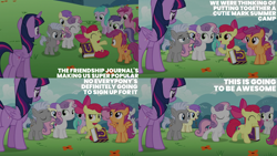 Size: 2000x1125 | Tagged: safe, edit, edited screencap, editor:quoterific, screencap, alula, apple bloom, aura (g4), chipcutter, pluto, ruby pinch, scootaloo, sweetie belle, tornado bolt, twilight sparkle, alicorn, fame and misfortune, g4, cutie mark crusaders, friendship journal, twilight sparkle (alicorn)