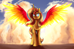 Size: 3000x2000 | Tagged: safe, artist:not-ordinary-pony, derpibooru exclusive, sunset shimmer, alicorn, pony, g4, alicornified, cloud, female, high res, mare, race swap, shimmercorn, smiling, solo, spread wings, wings