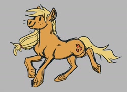 Size: 1500x1088 | Tagged: safe, artist:equiapiti, applejack, earth pony, pony, g4, dot eyes, female, gray background, hatless, mare, missing accessory, raised hoof, raised leg, simple background, smiling, solo, tail