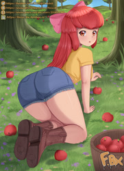Size: 2480x3425 | Tagged: safe, alternate version, artist:focusb, apple bloom, human, g4, :o, adorabloom, adorasexy, apple, apple tree, ass, bloom butt, blushing, boots, bow, breasts, bucket, busty apple bloom, butt, clothes, cute, denim, denim shorts, female, food, hair bow, high res, humanized, looking at you, older, older apple bloom, open mouth, sexy, shirt, shoes, shorts, solo, text, tree