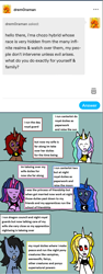 Size: 1173x3106 | Tagged: safe, princess celestia, princess luna, twilight sparkle, oc, alicorn, dracony, dragon, hybrid, pony, undead, unicorn, vampire, g4, ask, tumblr, twilight sparkle (alicorn)