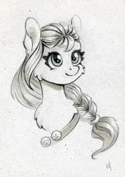 Size: 709x1000 | Tagged: safe, artist:maytee, sunny starscout, earth pony, pony, g5, braid, bust, cheek fluff, chest fluff, female, grayscale, looking up, mare, monochrome, pencil drawing, portrait, smiling, solo, traditional art