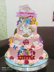 Size: 720x960 | Tagged: safe, applejack, bon bon, fluttershy, pinkie pie, rainbow dash, rarity, spike, sweetie drops, twilight sparkle, g4, birthday, cake, food