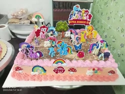 Size: 720x540 | Tagged: safe, bon bon, fluttershy, pinkie pie, princess celestia, rainbow dash, rarity, spike, sweetie drops, twilight sparkle, g4, cake, food, irl, my little pony logo, photo