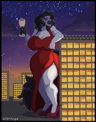 Size: 3000x3808 | Tagged: safe, artist:autumnmelody, oc, oc:oretha, anthro, building, champagne glass, city, clothes, dress, female, giantess, happy new year, holiday, macro, new years eve