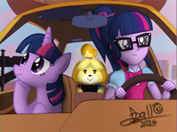 Size: 4160x3118 | Tagged: safe, artist:tidmouthmilk12, sci-twi, twilight sparkle, alicorn, dog, human, pony, equestria girls, g4, a goofy movie, animal crossing, bowtie, car, car interior, clothes, crossover, driving, female, glasses, goofy movie meme, hand, happy, hoof on chin, horn, isabelle, long hair, meme, nintendo switch, ponytail, puffy sleeves, shirt, signature, smiling, tank top, teenager, trio, twilight sparkle (alicorn), twolight, wings