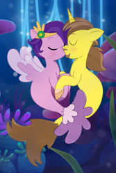 Size: 1281x1920 | Tagged: safe, artist:grapefruit-face, pipp petals, oc, oc:grapefruit face, pegasus, seapony (g4), unicorn, g5, my little pony: tell your tale, blushing, bubble, canon x oc, coral, cute, digital art, dorsal fin, eyes closed, female, fin, fin wings, fins, fish tail, flowing mane, flowing tail, grapepipp, kissing, looking at each other, looking at someone, male, mare, ocean, scales, seaponified, seapony pipp petals, seaquestria, seaweed, shipping, smiling, smiling at each other, species swap, stallion, straight, swimming, tail, underwater, unshorn fetlocks, water, wings