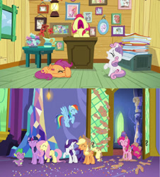 Size: 850x940 | Tagged: safe, edit, edited screencap, screencap, apple bloom, applejack, fluttershy, pinkie pie, rainbow dash, rarity, scootaloo, spike, sweetie belle, twilight sparkle, alicorn, dragon, earth pony, pegasus, pony, unicorn, castle sweet castle, g4, season 5, season 9, the last crusade, bow, box, clubhouse, confetti, crusaders clubhouse, crying, cutie mark crusaders, door, eyes closed, female, filly, flower, flying, foal, folded wings, lamp, laughing, lying down, male, mane seven, mane six, mare, open mouth, open smile, picture frame, prone, raised hoof, sitting, smiling, table, twilight sparkle (alicorn), twilight's castle, window, wings