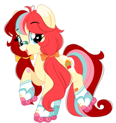 Size: 1809x1906 | Tagged: safe, artist:emberslament, derpibooru exclusive, oc, oc only, oc:cheery jubilee, earth pony, pony, bandage, bandaid, bandaid on nose, blaze (coat marking), bow, coat markings, cute, earth pony oc, facial markings, female, hair bow, heart, heart eyes, mare, pigtails, roller skates, simple background, skates, solo, transparent background, twintails, wingding eyes