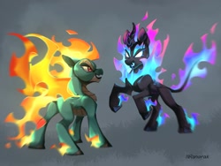 Size: 1440x1080 | Tagged: safe, artist:anoraknr, tianhuo (tfh), dragon, hybrid, kirin, longma, nirik, them's fightin' herds, butt, community related, fiery wings, looking at each other, looking at someone, mane of fire, plot, tail, tail of fire, wings