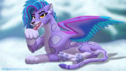 Size: 2560x1440 | Tagged: safe, artist:leopon276, allura, big cat, leopard, snow leopard, g5, countershading, cute, ear piercing, fanart, helix piercing, looking at you, lying down, paw pads, paws, piercing, snow, solo, toe beans, underpaw