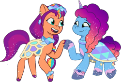 Size: 1022x694 | Tagged: safe, edit, edited screencap, editor:pascalmulokozi2, screencap, misty brightdawn, sunny starscout, earth pony, pony, unicorn, crystal ball (episode), g5, my little pony: tell your tale, spoiler:g5, spoiler:my little pony: tell your tale, spoiler:tyts01e68, background removed, dancing, duo, female, holding hooves, looking at each other, looking at someone, mare, not a vector, rebirth misty, shipping fuel, simple background, transparent background