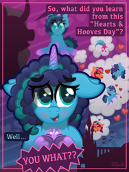 Size: 4400x5864 | Tagged: safe, artist:sol-r, misty brightdawn, opaline arcana, sunny starscout, alicorn, earth pony, pony, unicorn, g5, blushing, comic, dialogue, female, heart, heart eyes, hearts and hooves day, lesbian, mane stripe sunny, mare, opaline's dark castle, ship:sunnydawn, shipping, thought bubble, wingding eyes