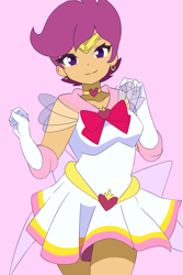 Size: 1233x1850 | Tagged: safe, artist:aokushan, scootaloo, human, equestria girls, g4, alternate hairstyle, chibi moon, clothes, cosplay, costume, cute, cutealoo, ear piercing, earring, female, jewelry, piercing, pink background, sailor moon (series), sailor uniform, simple background, skirt, smiling, solo, uniform