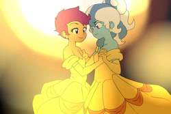 Size: 1280x854 | Tagged: safe, artist:lirudraw, scootaloo, oc, oc:jemimasparkle, human, equestria girls, g4, belle, canon x oc, clothes, dancing, dress, duo, ear piercing, earring, female, gown, holding hands, jewelry, lesbian, looking at each other, looking at someone, piercing, princess costume, scootaloo also dresses in style, smiling, smiling at each other