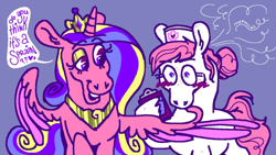 Size: 640x360 | Tagged: safe, artist:msponies, nurse redheart, princess cadance, alicorn, earth pony, pony, g4, dialogue, female, hat, horn, lesbian, looking at each other, looking at someone, nurse hat, peytral, ship:redance, simple background, speech bubble, wings