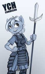 Size: 1440x2380 | Tagged: safe, artist:felixf, anthro, armor, auction, blushing, commission, fantasy class, gradient background, samurai, sketch, solo, spear, warrior, weapon, yari, ych sketch, your character here