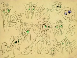 Size: 3200x2400 | Tagged: safe, artist:zokkili, crackle cosette, princess cadance, queen chrysalis, changeling, changeling queen, pony, unicorn, a canterlot wedding, g4, season 9, disguise, disguised changeling, female, frown, grin, lidded eyes, limited palette, looking away, looking down, mare, open mouth, plushie, redraw, scene interpretation, smiling, unamused