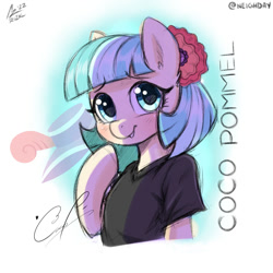 Size: 1200x1200 | Tagged: safe, artist:aer0 zer0, artist:neighday, edit, coco pommel, earth pony, pony, semi-anthro, g4, clothes, collaboration, female, flower, flower in hair, mare, shirt, simple background, smiling, solo, t-shirt, white background