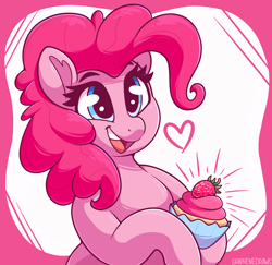 Size: 2900x2814 | Tagged: safe, artist:graphene, pinkie pie, earth pony, pony, semi-anthro, g4, cupcake, cute, daaaaaaaaaaaw, diapinkes, eyebrows, eyebrows visible through hair, female, food, happy, heart, mare, open mouth, open smile, smiling, solo, weapons-grade cute