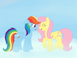 Size: 2560x1920 | Tagged: safe, artist:dreamy-tommy, fluttershy, rainbow dash, pegasus, pony, g4, art trade, blue background, blushing, boop, cloud, eyes closed, female, floppy ears, lesbian, mare, noseboop, on a cloud, ship:flutterdash, shipping, simple background, smiling, standing on a cloud